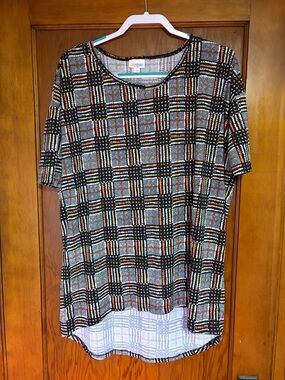 LuLaRoe Small Irma Tunic Black, Orange & Cream Plaid Short Sleeve Top